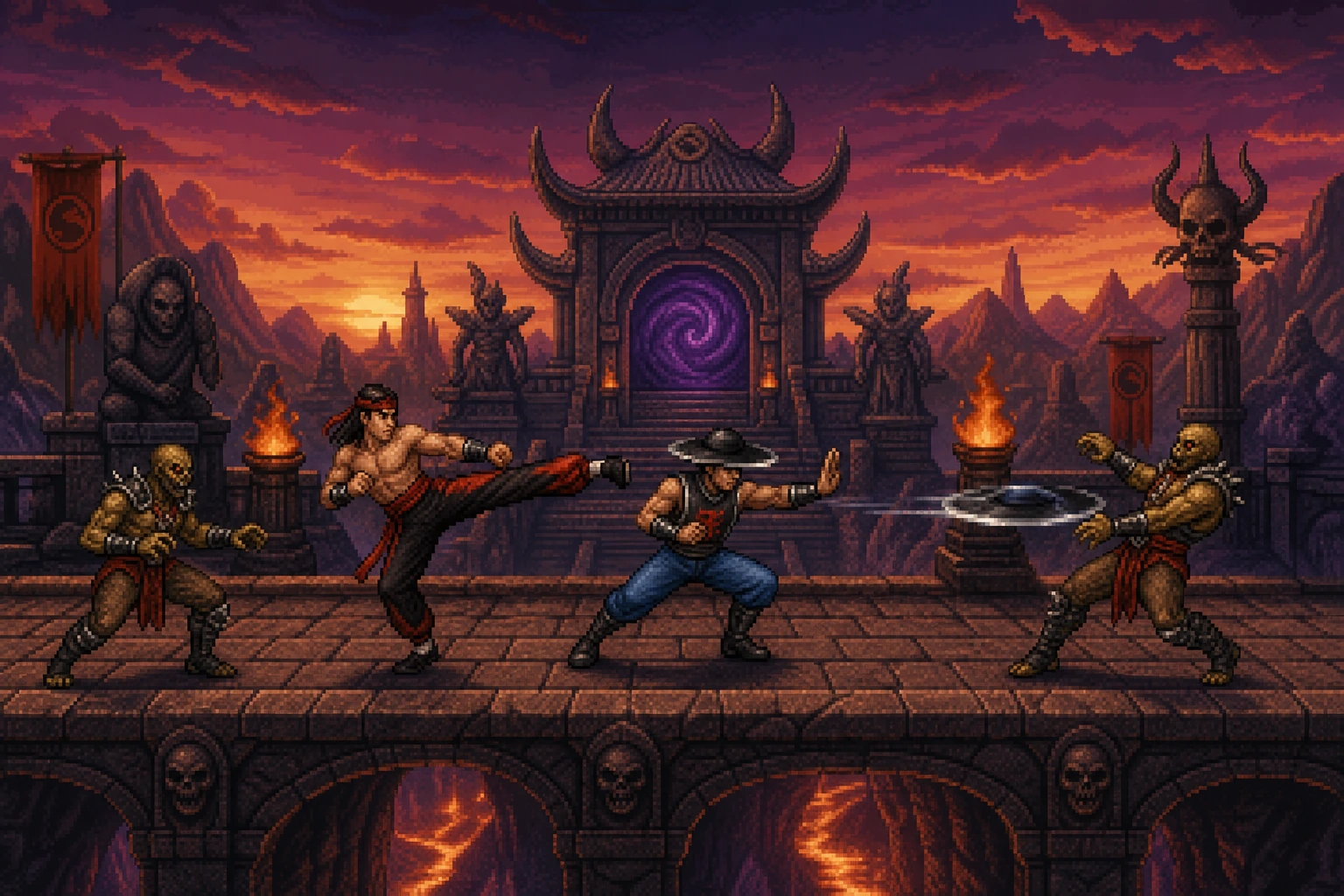 Liu Kang e Kung Lao de Shaolin Monks em missão cooperativa no Outworld em estilo pixel art Liu Kang e Kung Lao de Shaolin Monks em missão cooperativa no Outworld em estilo pixel art