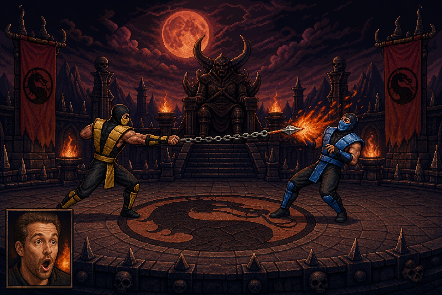 Easter egg do Toasty com Dan Forden aparecendo no canto da tela durante uma luta em estilo pixel art 16-bit Easter egg do Toasty com Dan Forden aparecendo no canto da tela durante uma luta em estilo pixel art 16-bit