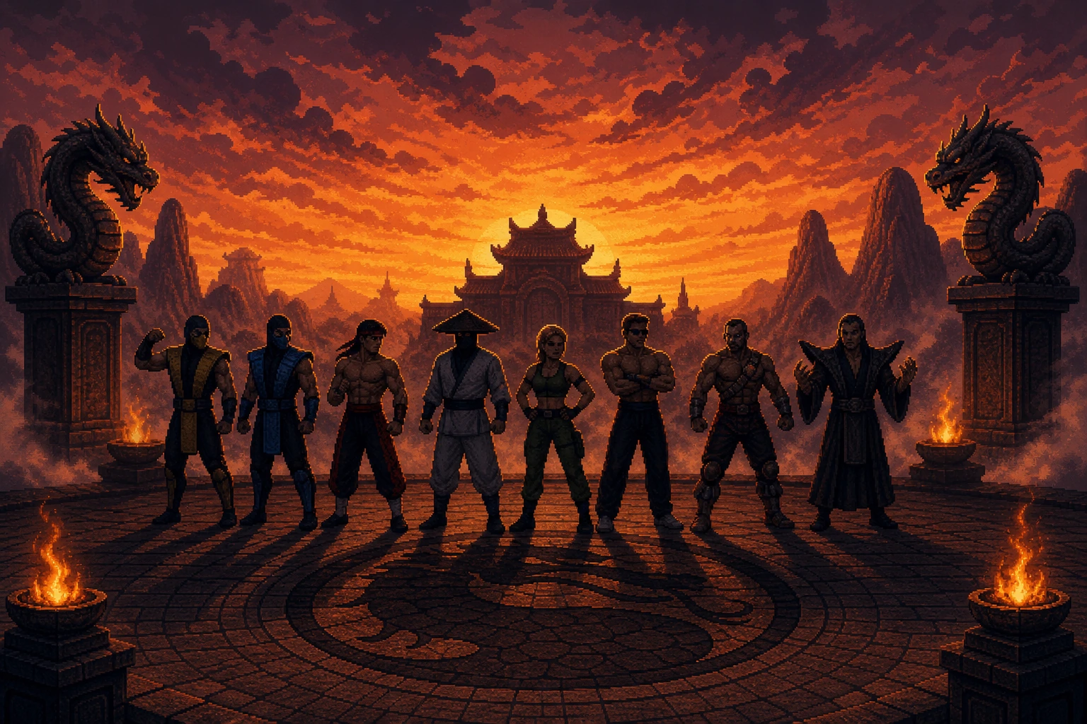 Todos os lutadores originais de Mortal Kombat reunidos em formação épica no estilo pixel art 16-bit Todos os lutadores originais de Mortal Kombat reunidos em formação épica no estilo pixel art 16-bit