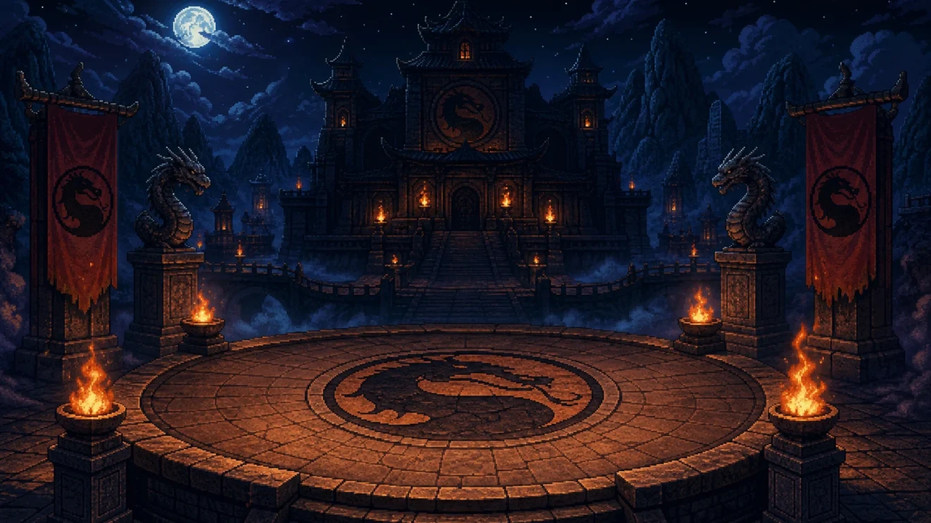 Arena do torneio de Mortal Kombat em estilo pixel art 16-bit com tochas e templo ao fundo