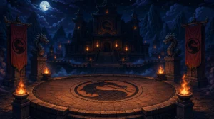 Arena do torneio de Mortal Kombat em estilo pixel art 16-bit com tochas e templo ao fundo