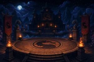 Arena do torneio de Mortal Kombat em estilo pixel art 16-bit com tochas e templo ao fundo