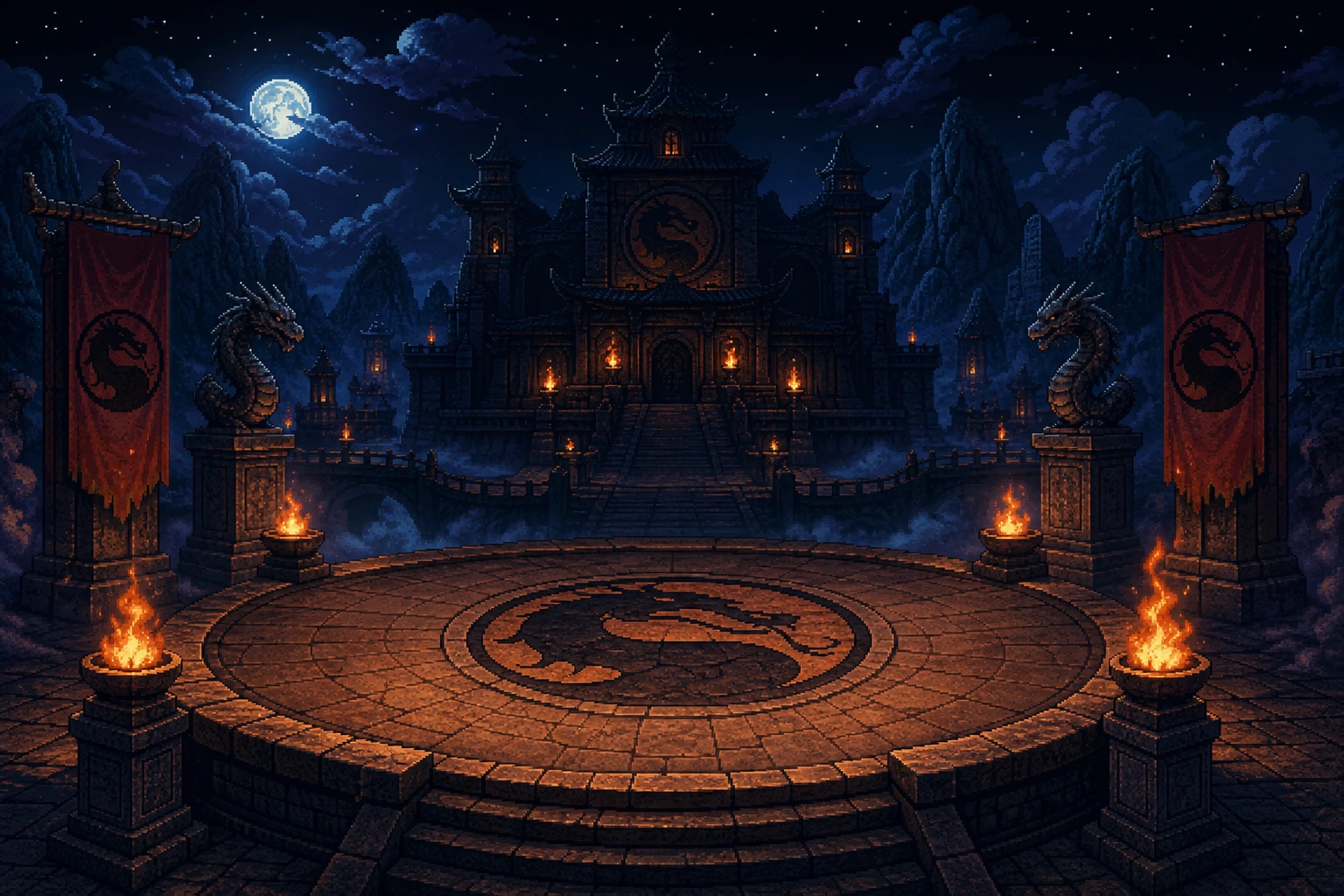 Arena do torneio de Mortal Kombat em estilo pixel art 16-bit com tochas e templo ao fundo Arena do torneio de Mortal Kombat em estilo pixel art 16-bit com tochas e templo ao fundo