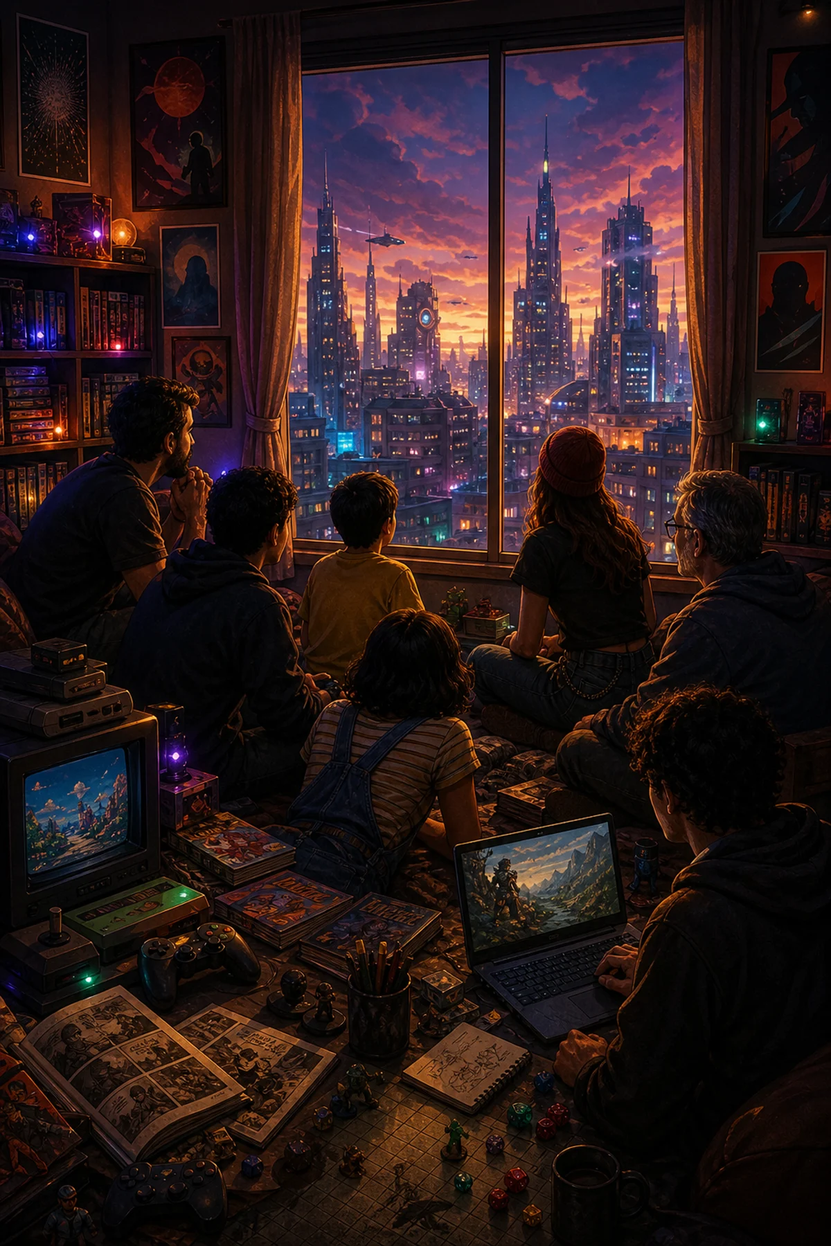 Amigos de diferentes gerações celebrando a cultura geek em um quarto cheio de games, quadrinhos e tecnologia