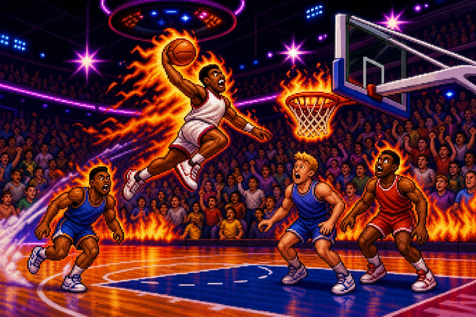 NBA Jam com jogadores pegando fogo em enterrada impossível no estilo arcade clássico NBA Jam com jogadores pegando fogo em enterrada impossível no estilo arcade clássico
