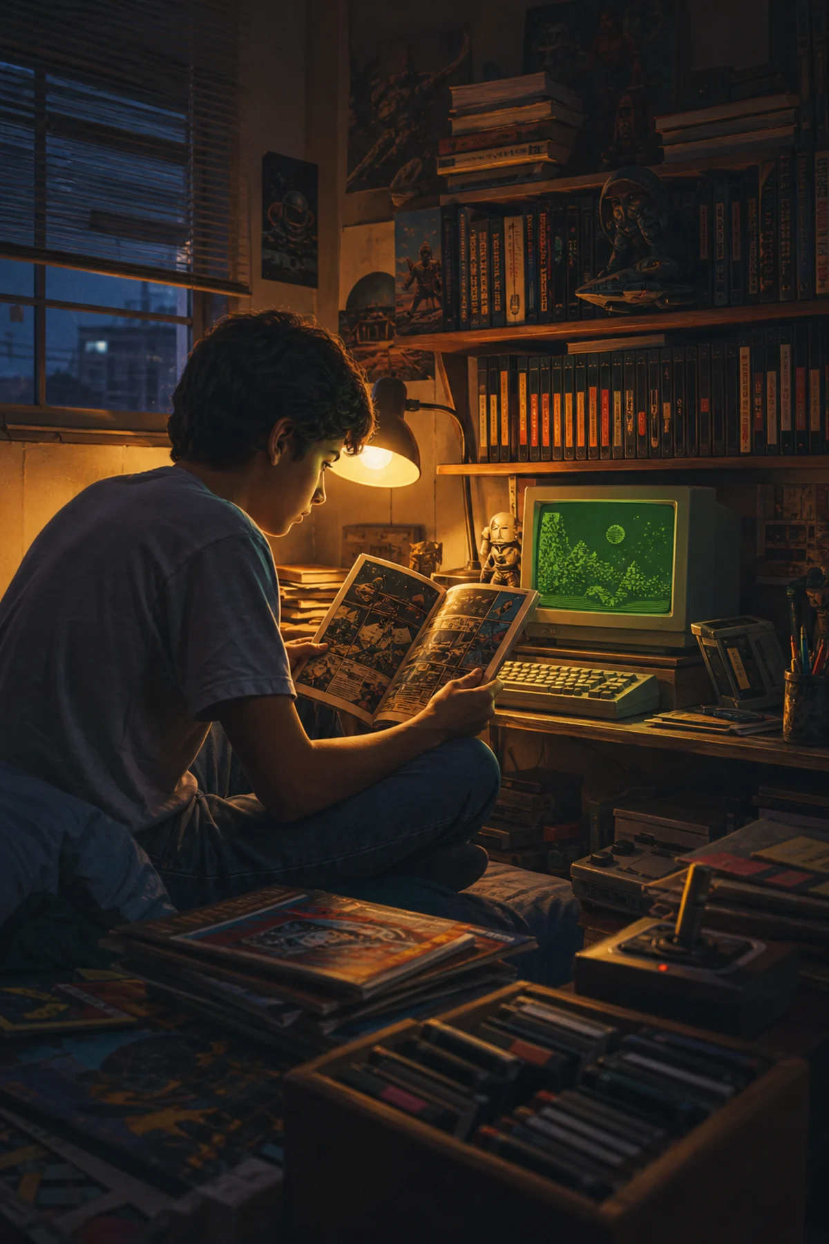 Jovem geek em quarto dos anos 80 cercado por quadrinhos, computador antigo e videogames