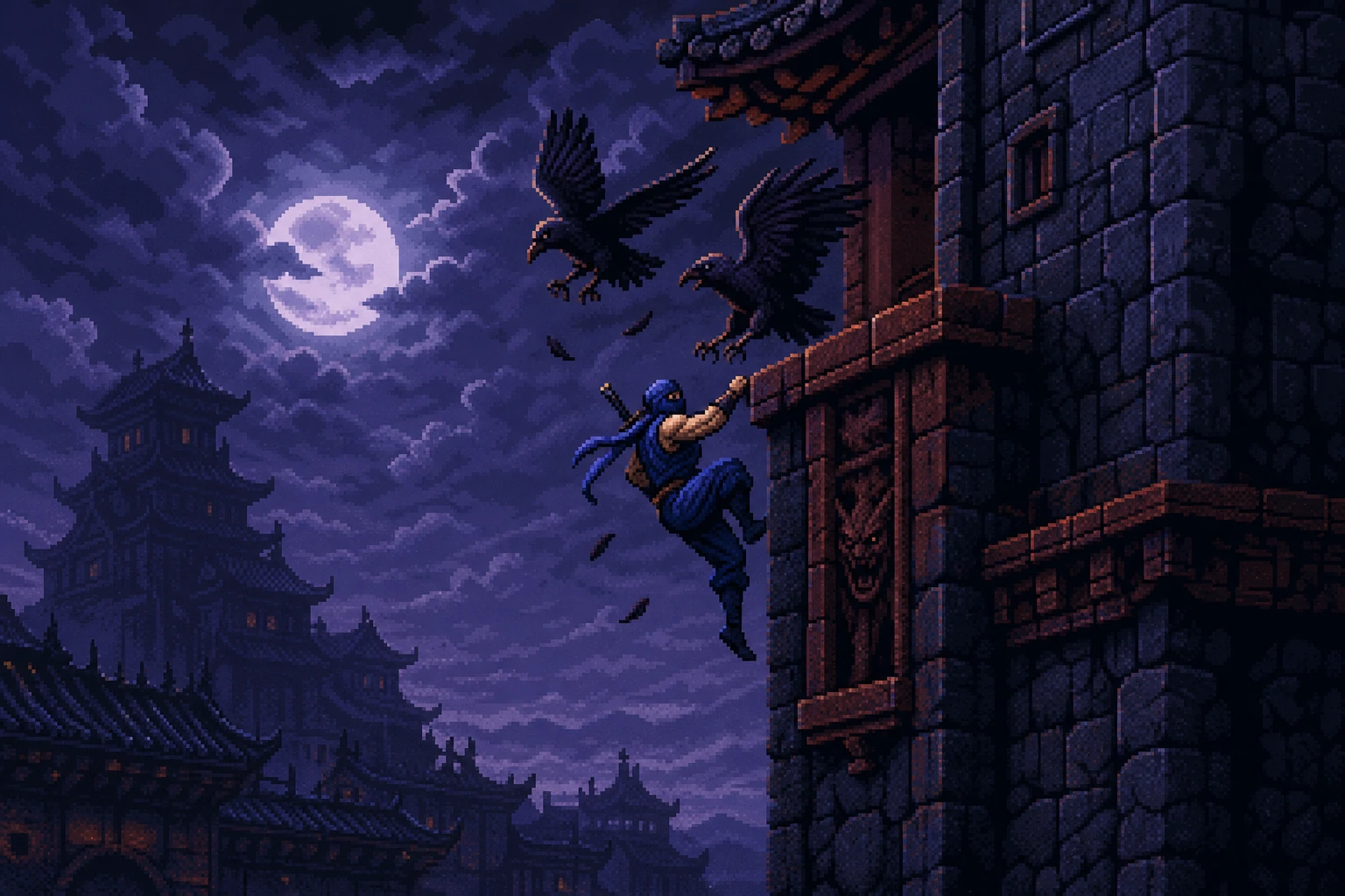 Ryu Hayabusa de Ninja Gaiden sendo derrubado de uma beira por um pássaro em castelo sombrio Ryu Hayabusa de Ninja Gaiden sendo derrubado de uma beira por um pássaro em castelo sombrio
