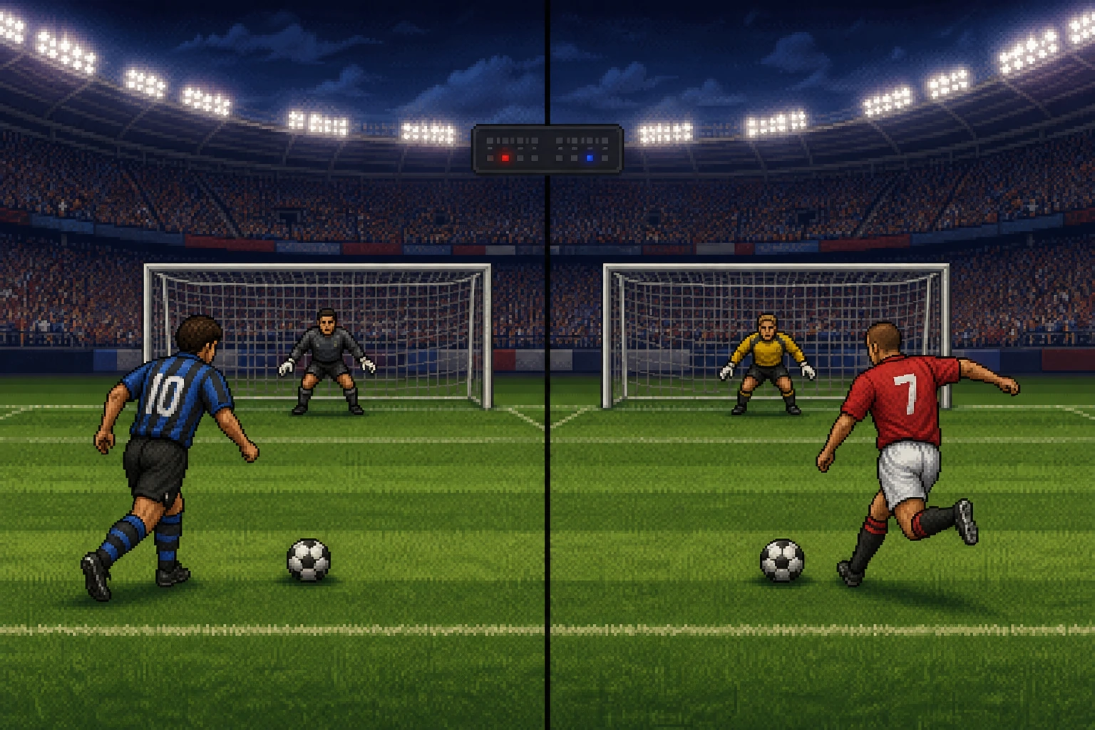 Dois jogadores disputando uma partida de futebol em PES com a tensão de um pênalti decisivo Dois jogadores disputando uma partida de futebol em PES com a tensão de um pênalti decisivo