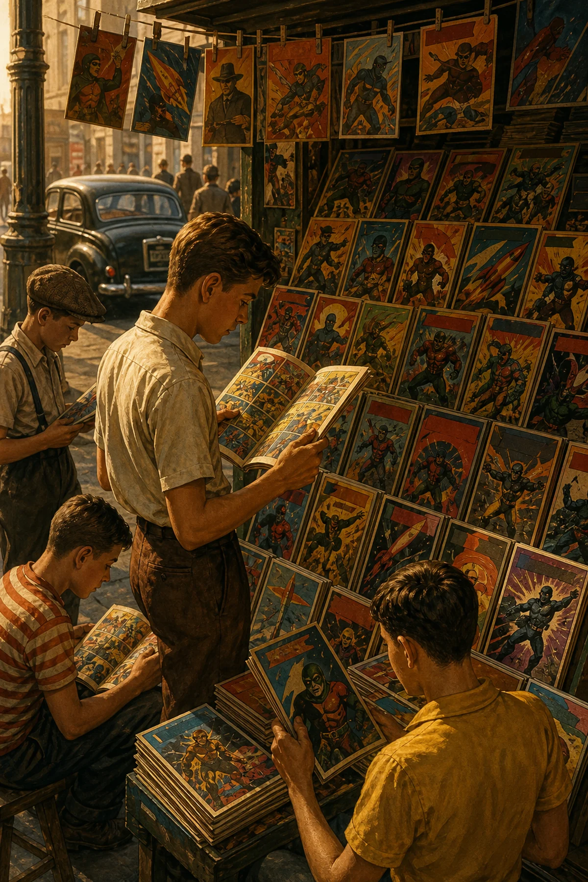 Banca de quadrinhos representando o nascimento dos fãs de super-heróis e cultura geek