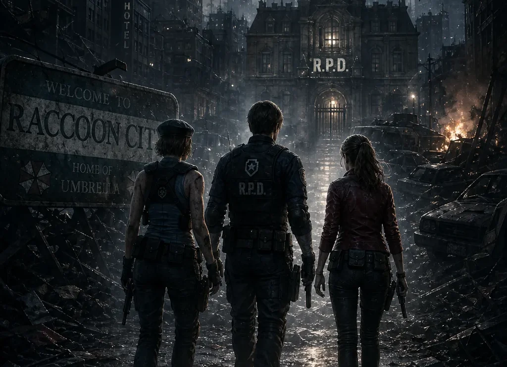 Capa editorial de Raccoon City com Jill, Leon e Claire diante da cidade condenada