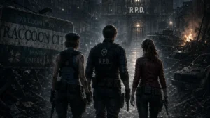 Capa editorial de Raccoon City com Jill, Leon e Claire diante da cidade condenada