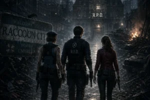 Capa editorial de Raccoon City com Jill, Leon e Claire diante da cidade condenada