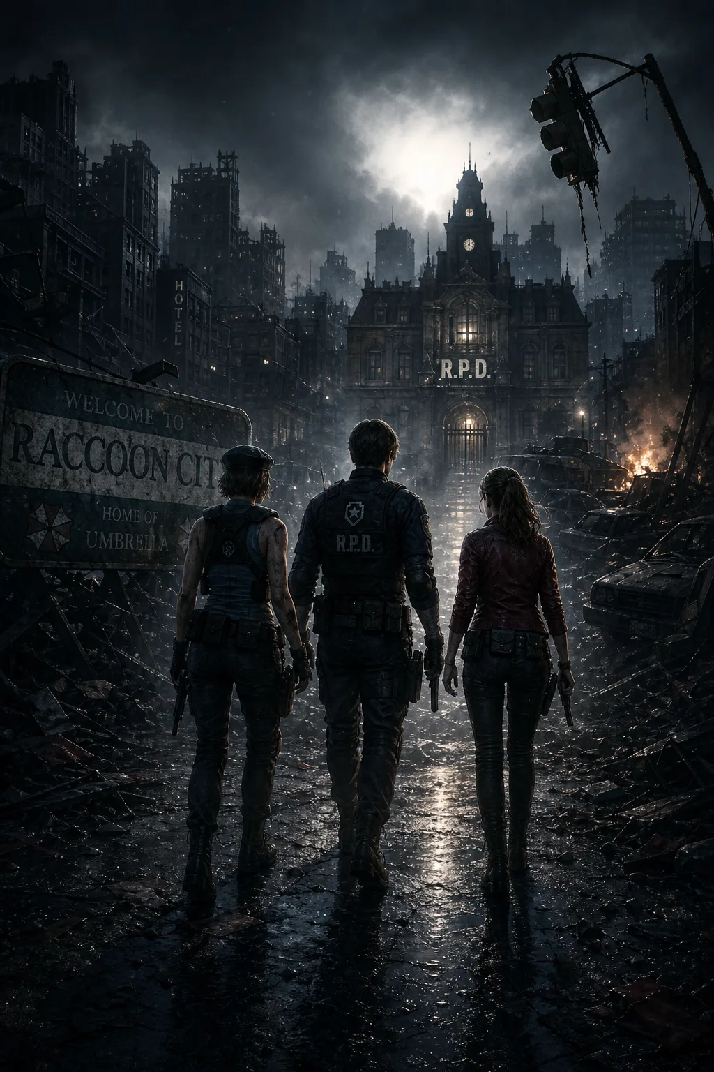 Capa editorial de Raccoon City com Jill, Leon e Claire diante da cidade condenada Capa editorial de Raccoon City com Jill, Leon e Claire diante da cidade condenada