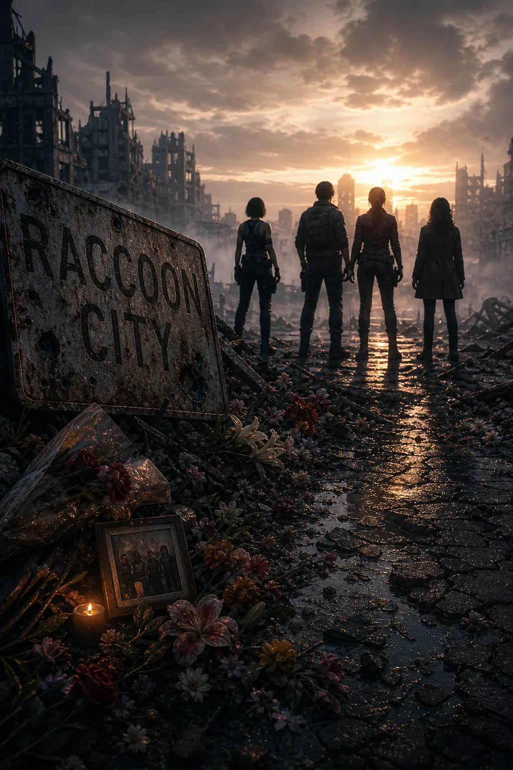 Memorial nas ruínas de Raccoon City simbolizando o legado da cidade em Resident Evil Memorial nas ruínas de Raccoon City simbolizando o legado da cidade em Resident Evil