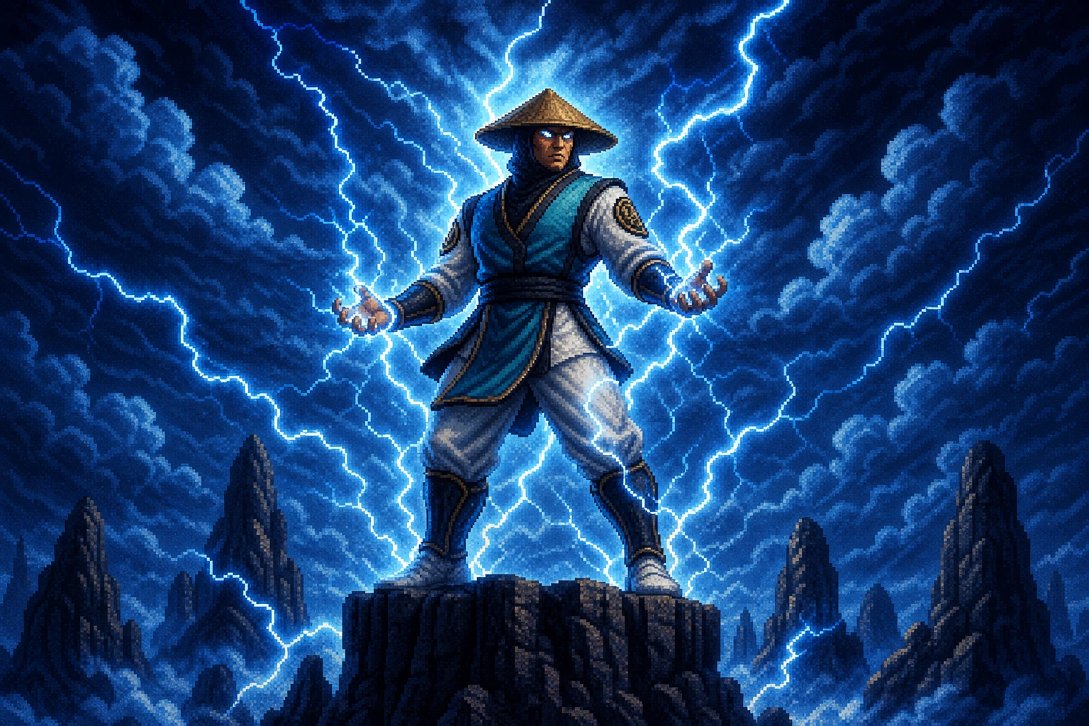 Raiden com seu chapéu cônico e poderes de trovão em estilo pixel art 16-bit Raiden com seu chapéu cônico e poderes de trovão em estilo pixel art 16-bit