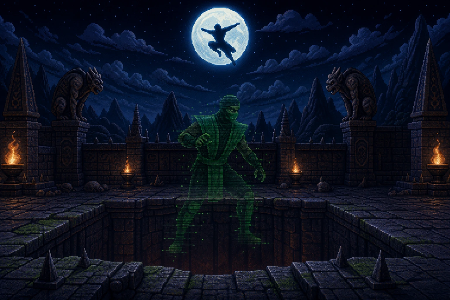 Reptile aparecendo misteriosamente na arena The Pit sob a luz da lua em estilo pixel art 16-bit Reptile aparecendo misteriosamente na arena The Pit sob a luz da lua em estilo pixel art 16-bit