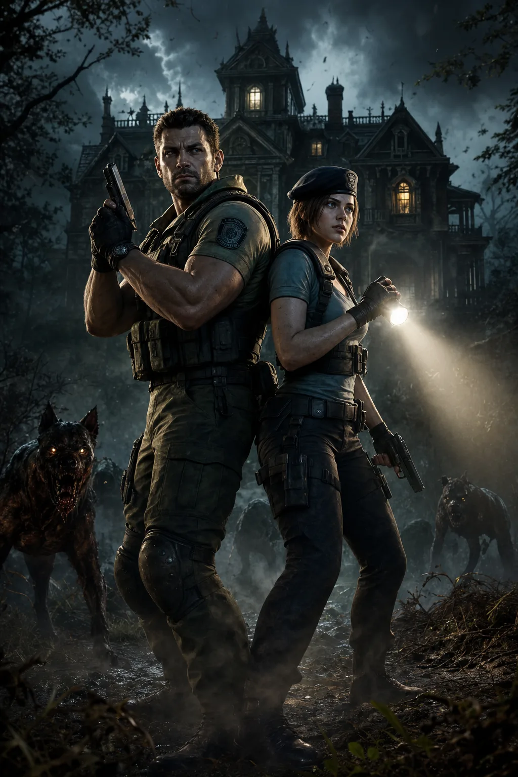Capa editorial de Resident Evil 1 com Chris e Jill diante da Mansão Spencer