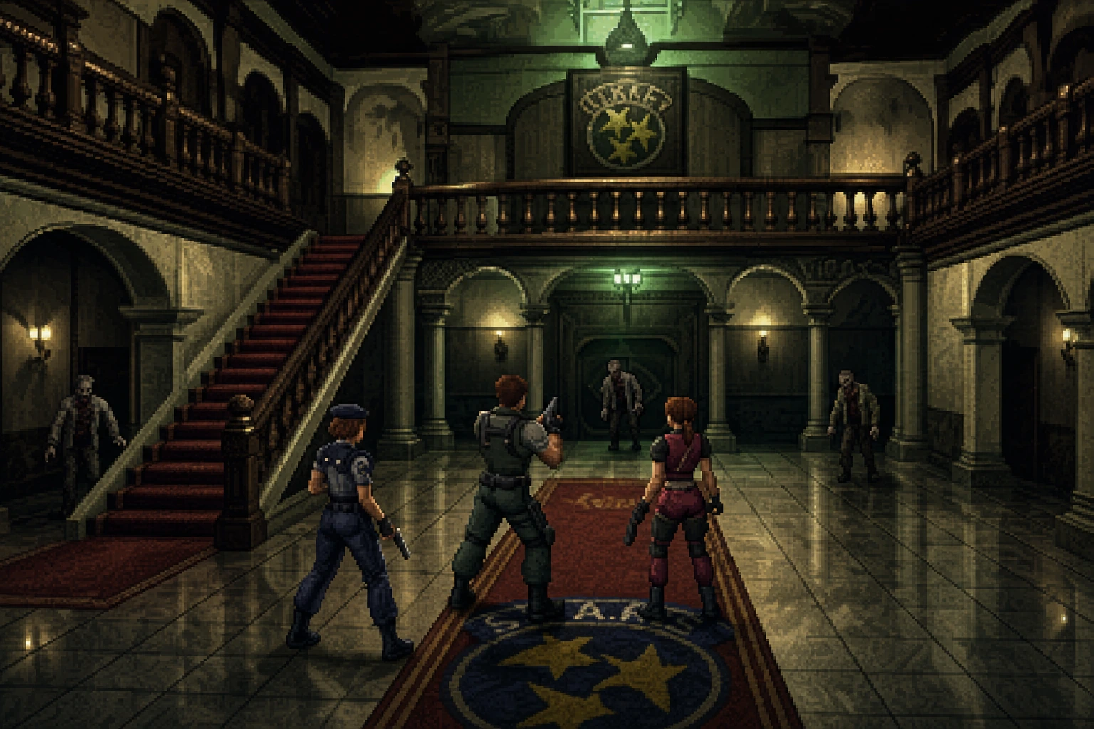 Saguão da mansão Spencer de Resident Evil com zumbi emergindo das sombras em estilo do PS1