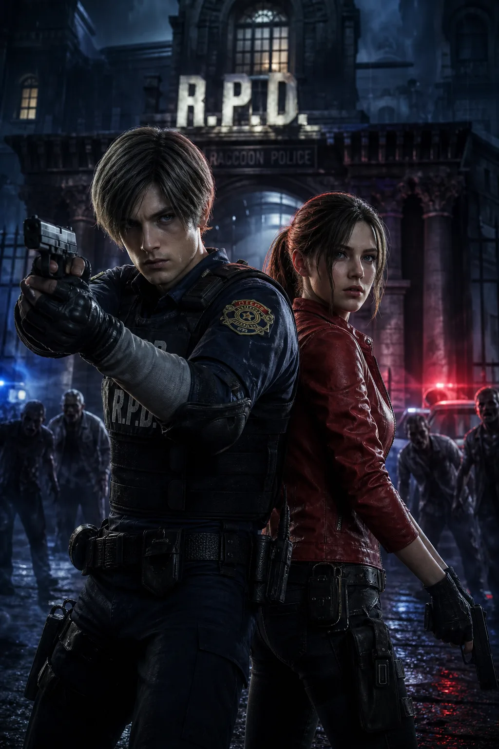 Capa editorial de Resident Evil 2 com Leon e Claire na delegacia de Raccoon City