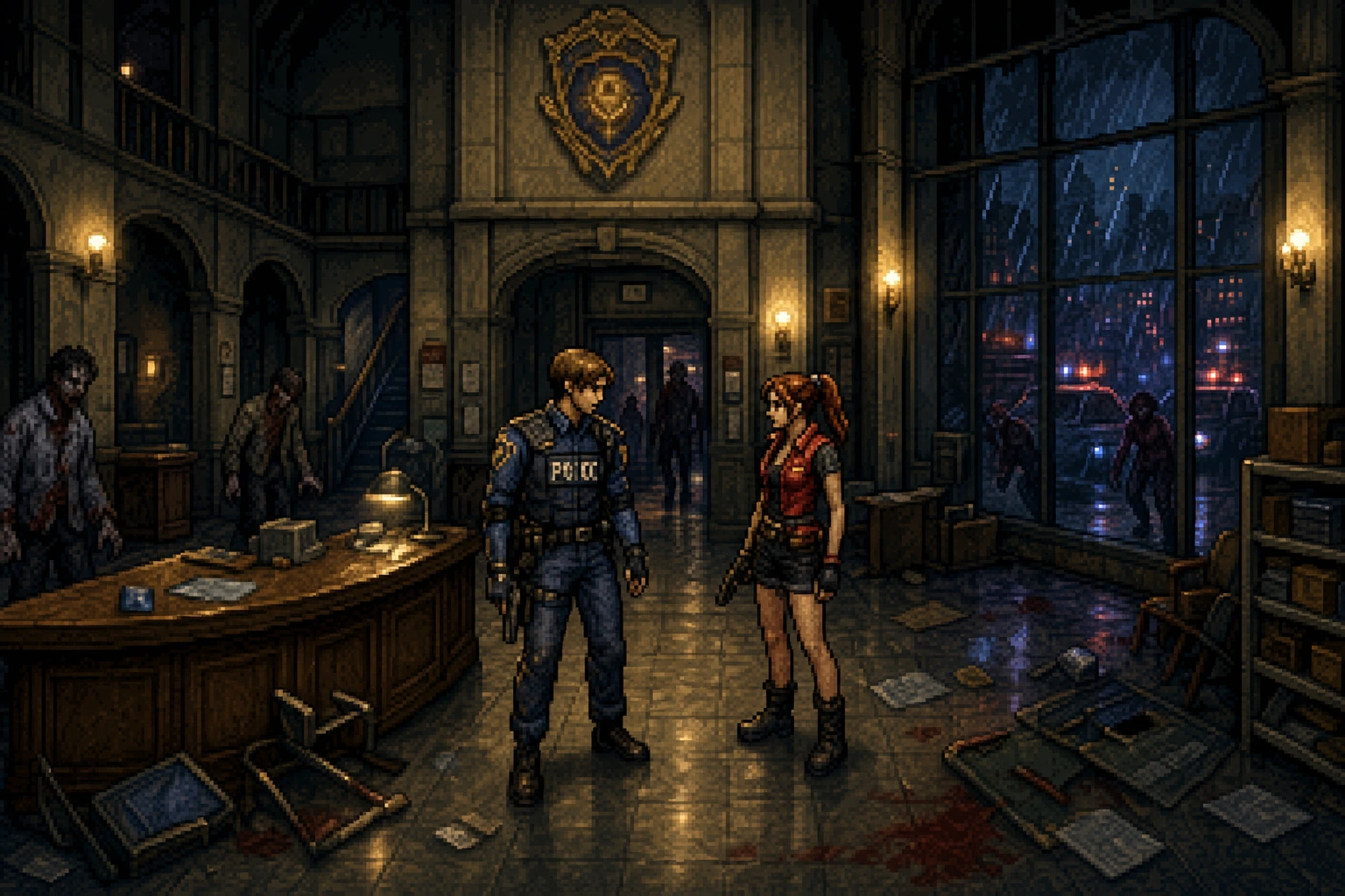 Leon e Claire se encontrando na delegacia de Raccoon City durante o surto zumbi em estilo pixel art