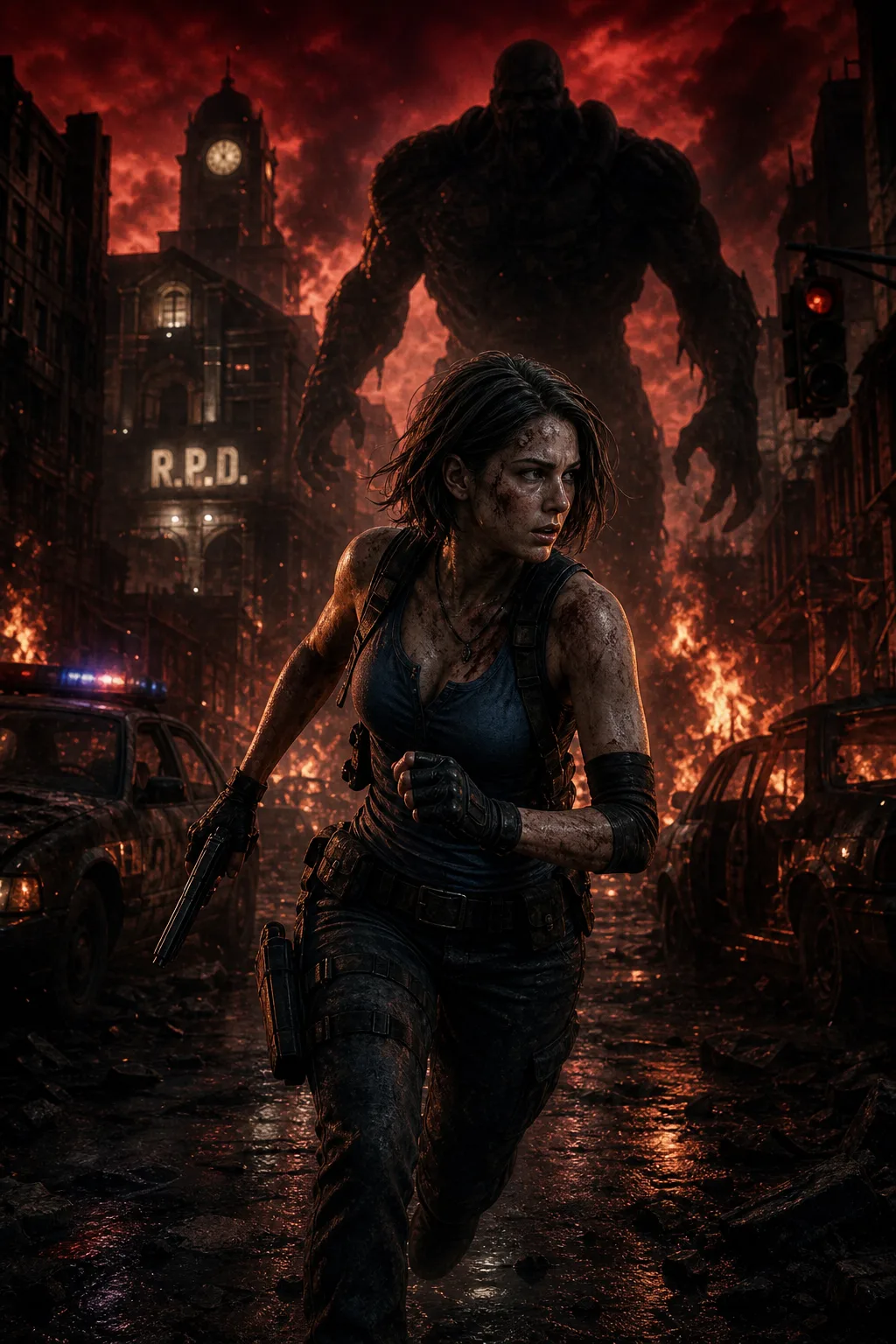 Capa editorial de Resident Evil 3 com Jill Valentine enfrentando o caos de Raccoon City