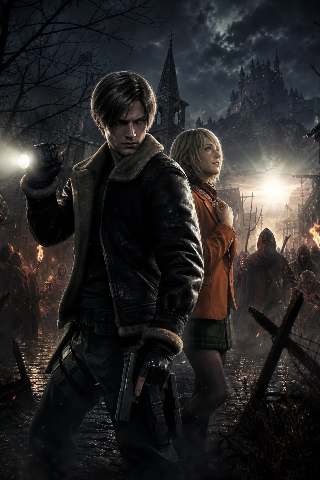 Capa editorial de Resident Evil 4 com Leon e Ashley em missão na Europa