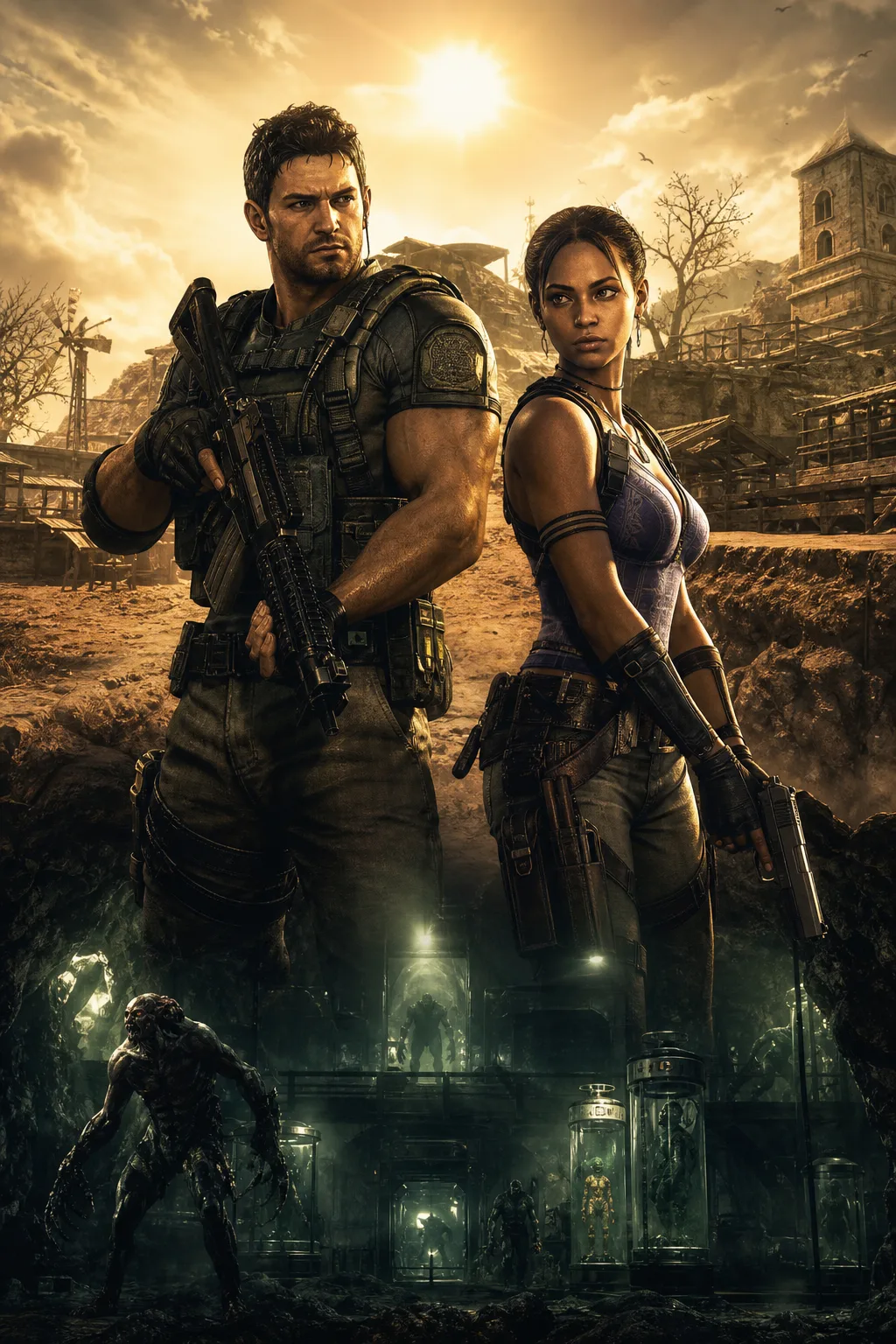 Capa editorial de Resident Evil 5 com Chris e Sheva em pose heroica