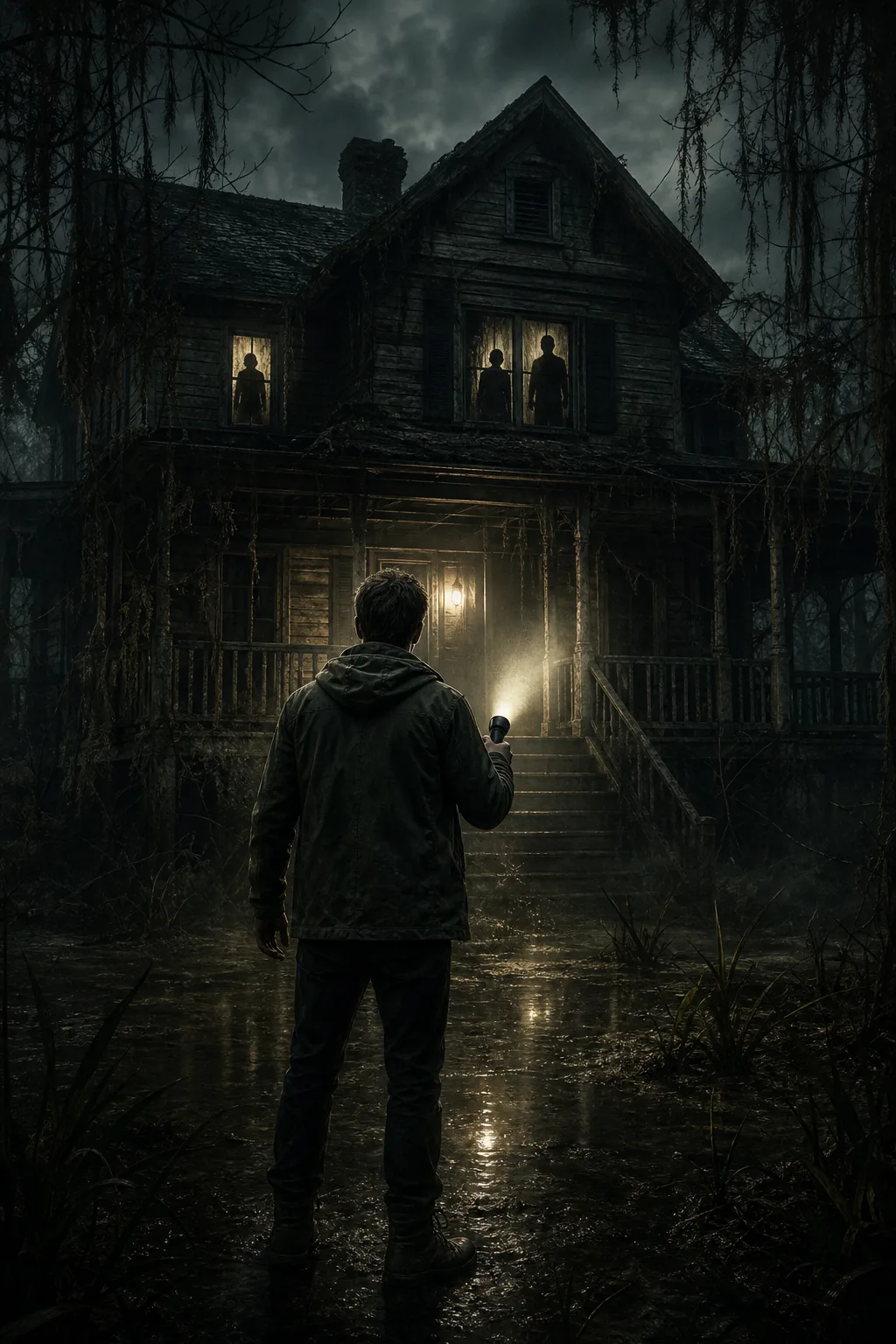 Capa editorial de Resident Evil 7 com Ethan Winters diante da casa dos Baker