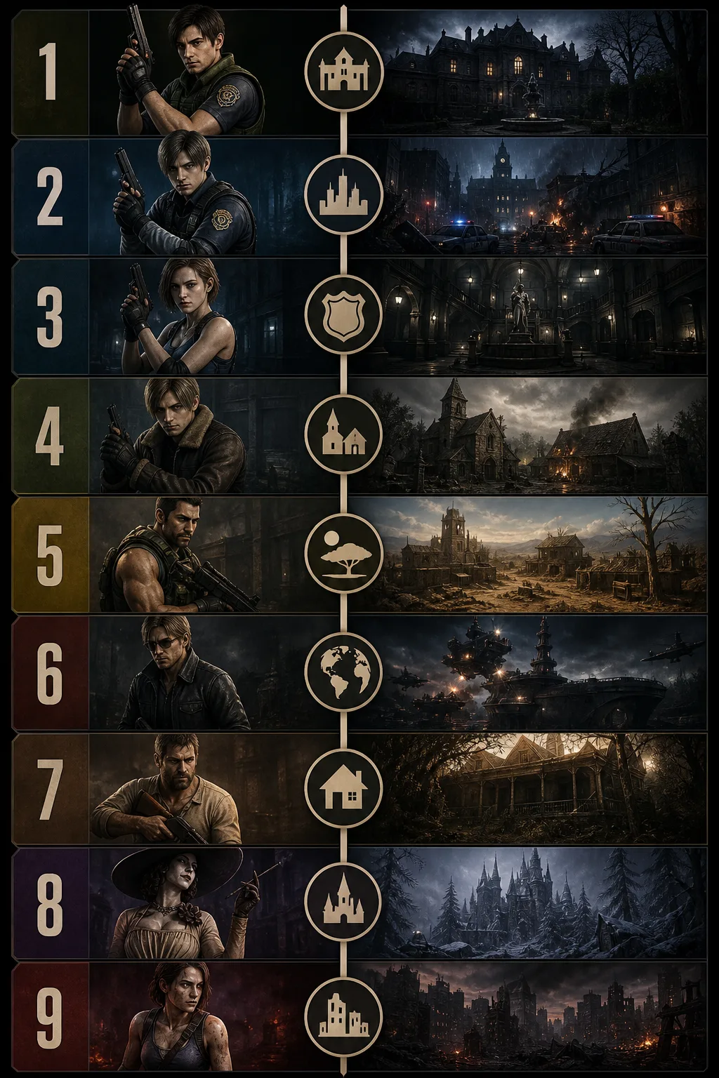 Infográfico com a linha do tempo resumida dos jogos principais de Resident Evil