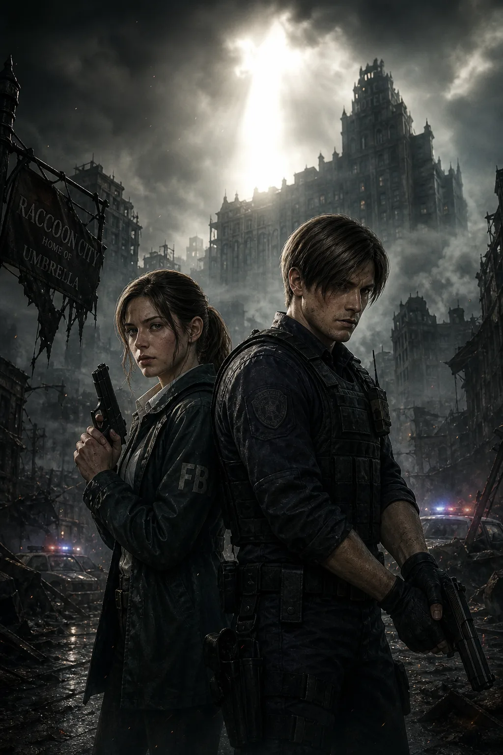 Capa editorial de Resident Evil Requiem com Grace Ashcroft e Leon Kennedy diante das ruínas de Raccoon City