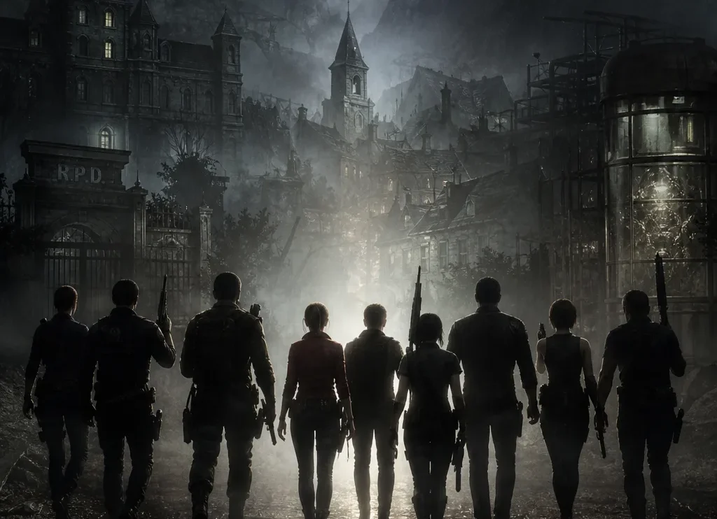 Capa editorial com os protagonistas principais de Resident Evil em poses inspiradoras ao longo da linha cronológica da saga