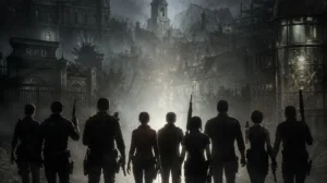 Capa editorial com os protagonistas principais de Resident Evil em poses inspiradoras ao longo da linha cronológica da saga