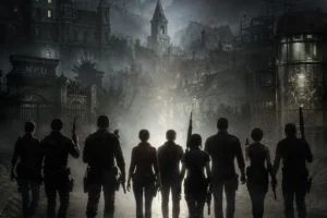 Capa editorial com os protagonistas principais de Resident Evil em poses inspiradoras ao longo da linha cronológica da saga