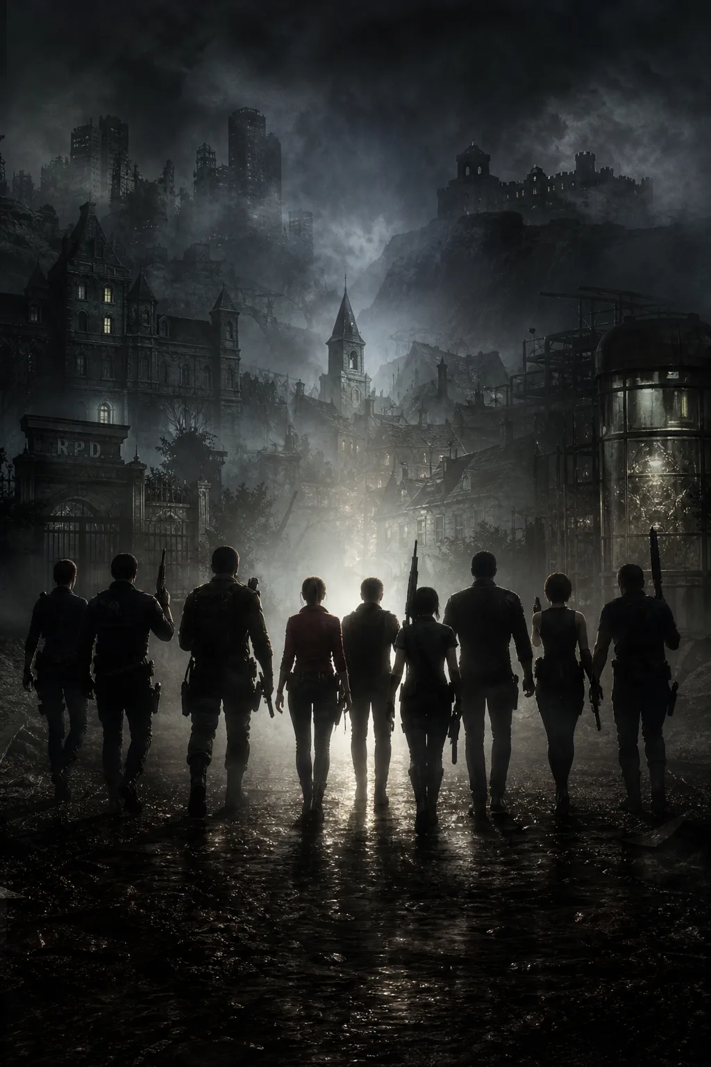 Capa editorial com os protagonistas principais de Resident Evil em poses inspiradoras ao longo da linha cronológica da saga