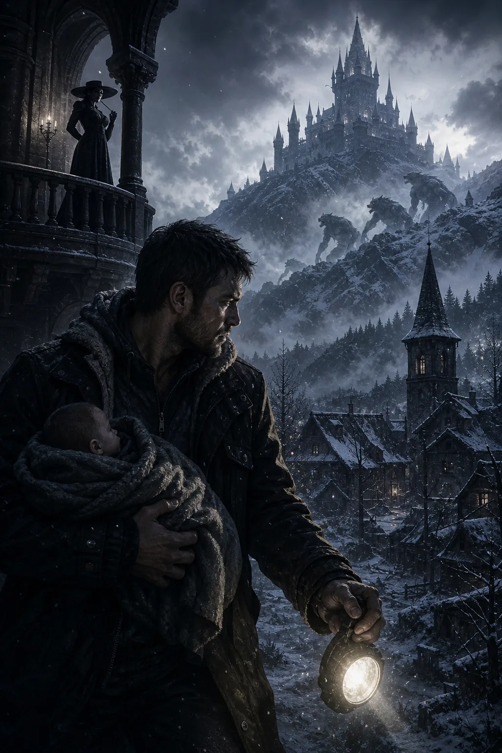 Capa editorial de Resident Evil Village com Ethan diante da vila e do castelo