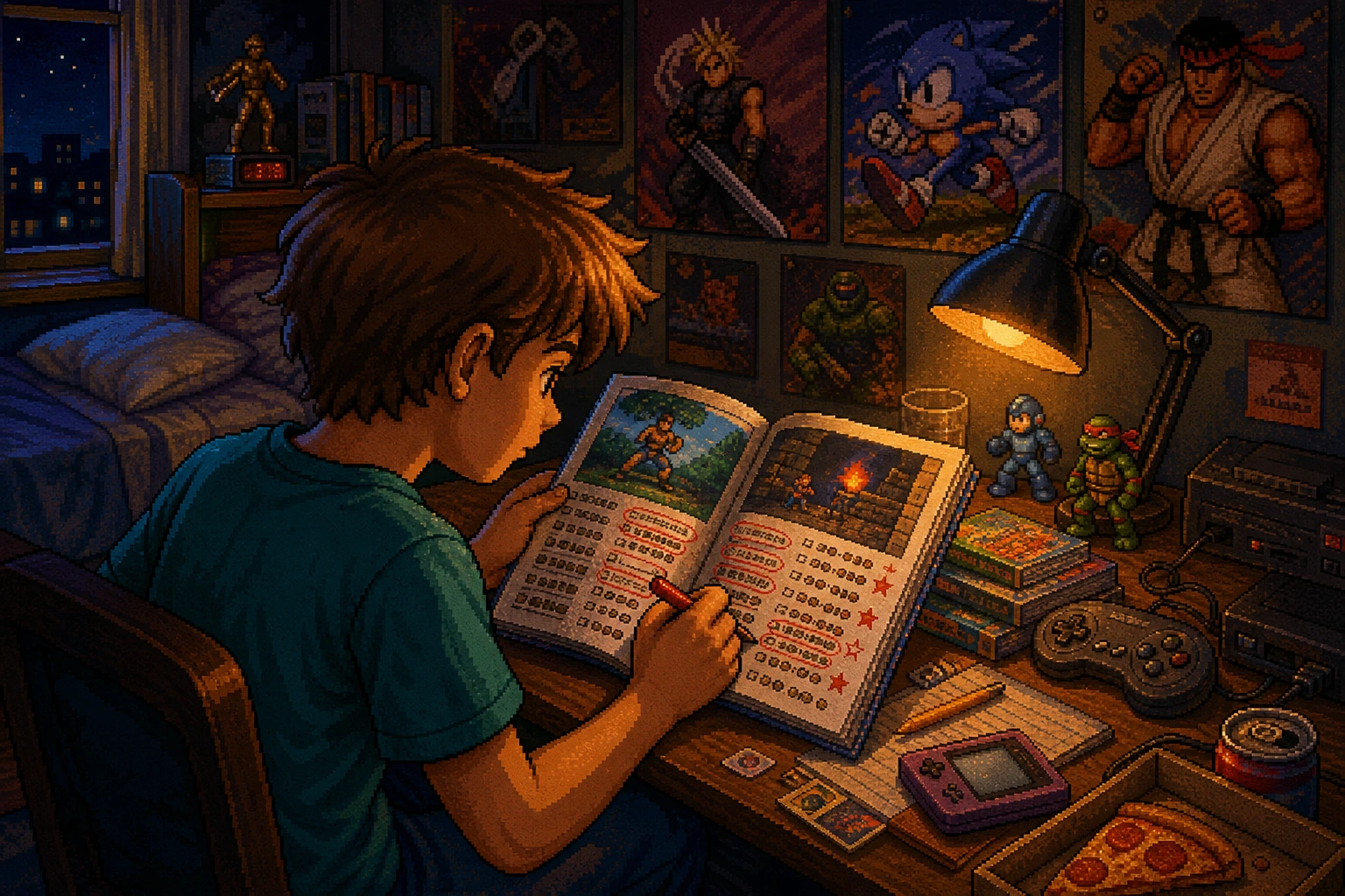Jovem lendo revista de games com cheat codes marcados, quarto dos anos 90 com pôsteres Jovem lendo revista de games com cheat codes marcados, quarto dos anos 90 com pôsteres