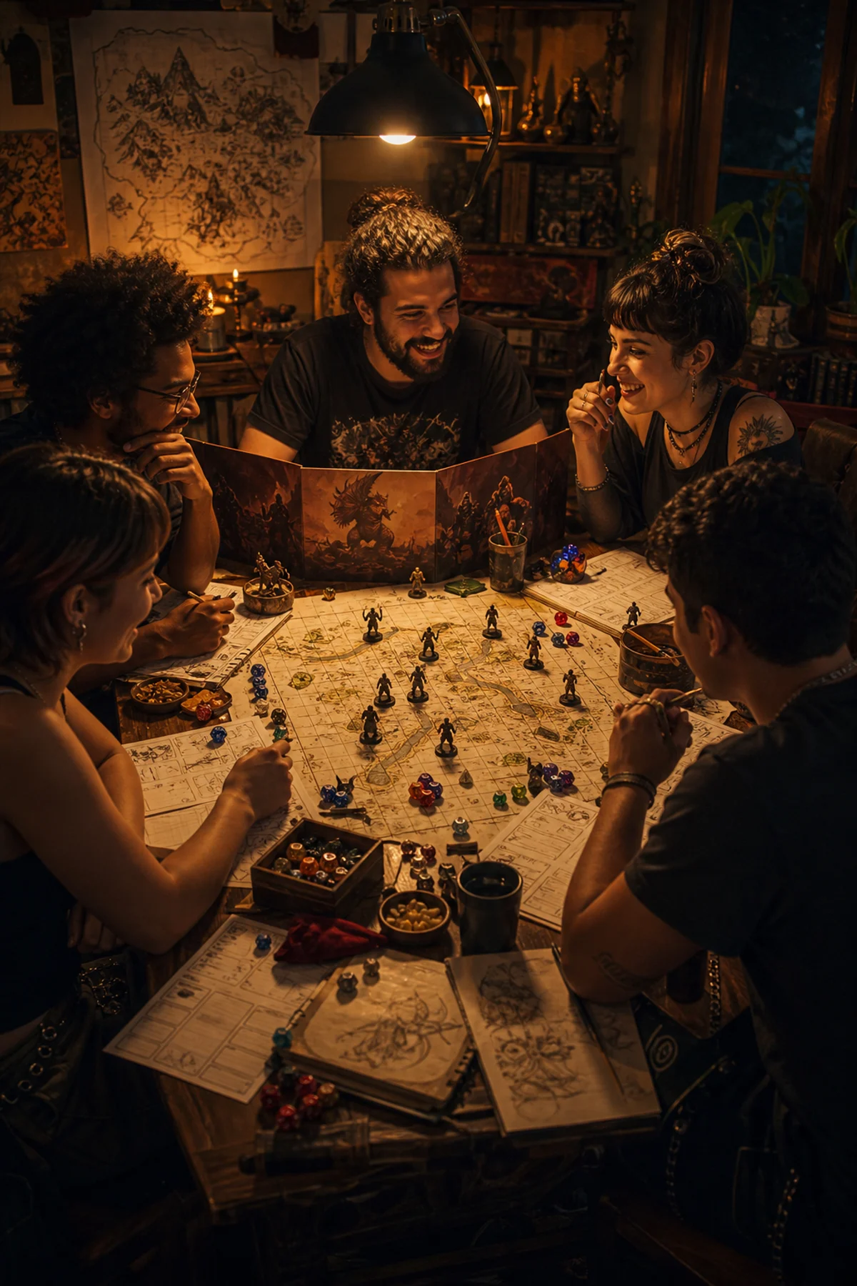 Grupo de amigos jogando RPG de mesa com dados, mapas e fichas