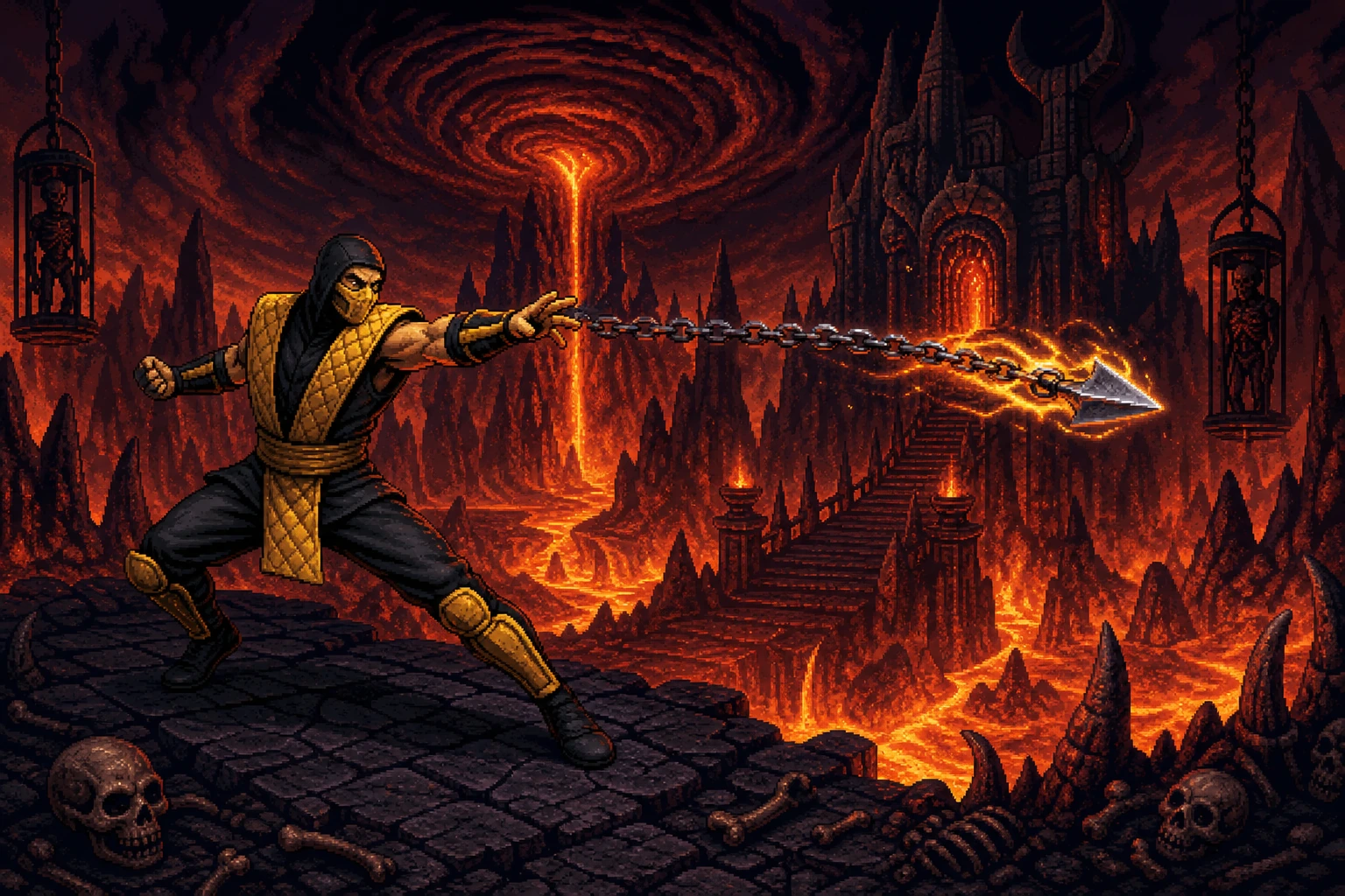Scorpion lançando a corrente no Netherrealm em estilo pixel art 16-bit Scorpion lançando a corrente no Netherrealm em estilo pixel art 16-bit