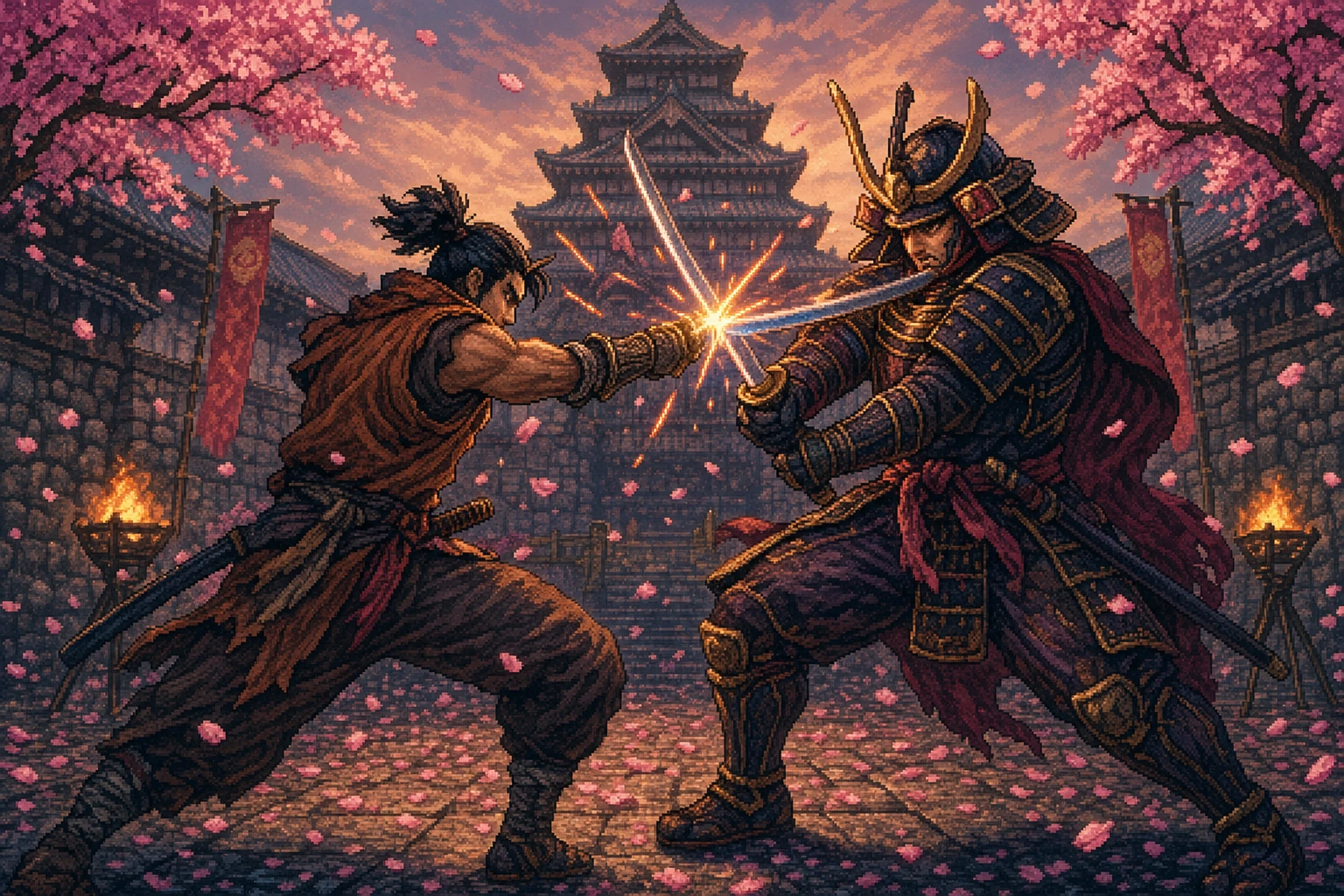 Wolf de Sekiro em deflexão perfeita contra chefe samurai com pétalas de cerejeira ao fundo Wolf de Sekiro em deflexão perfeita contra chefe samurai com pétalas de cerejeira ao fundo