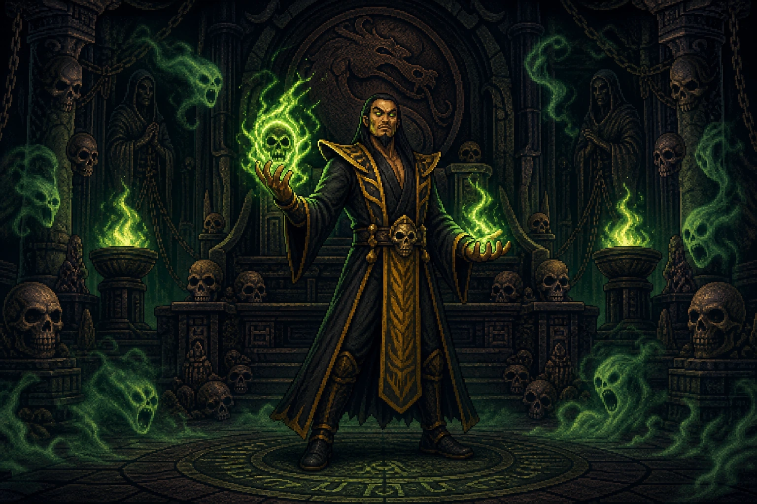 Shang Tsung roubando almas com chamas verdes em templo sombrio no estilo pixel art 16-bit Shang Tsung roubando almas com chamas verdes em templo sombrio no estilo pixel art 16-bit
