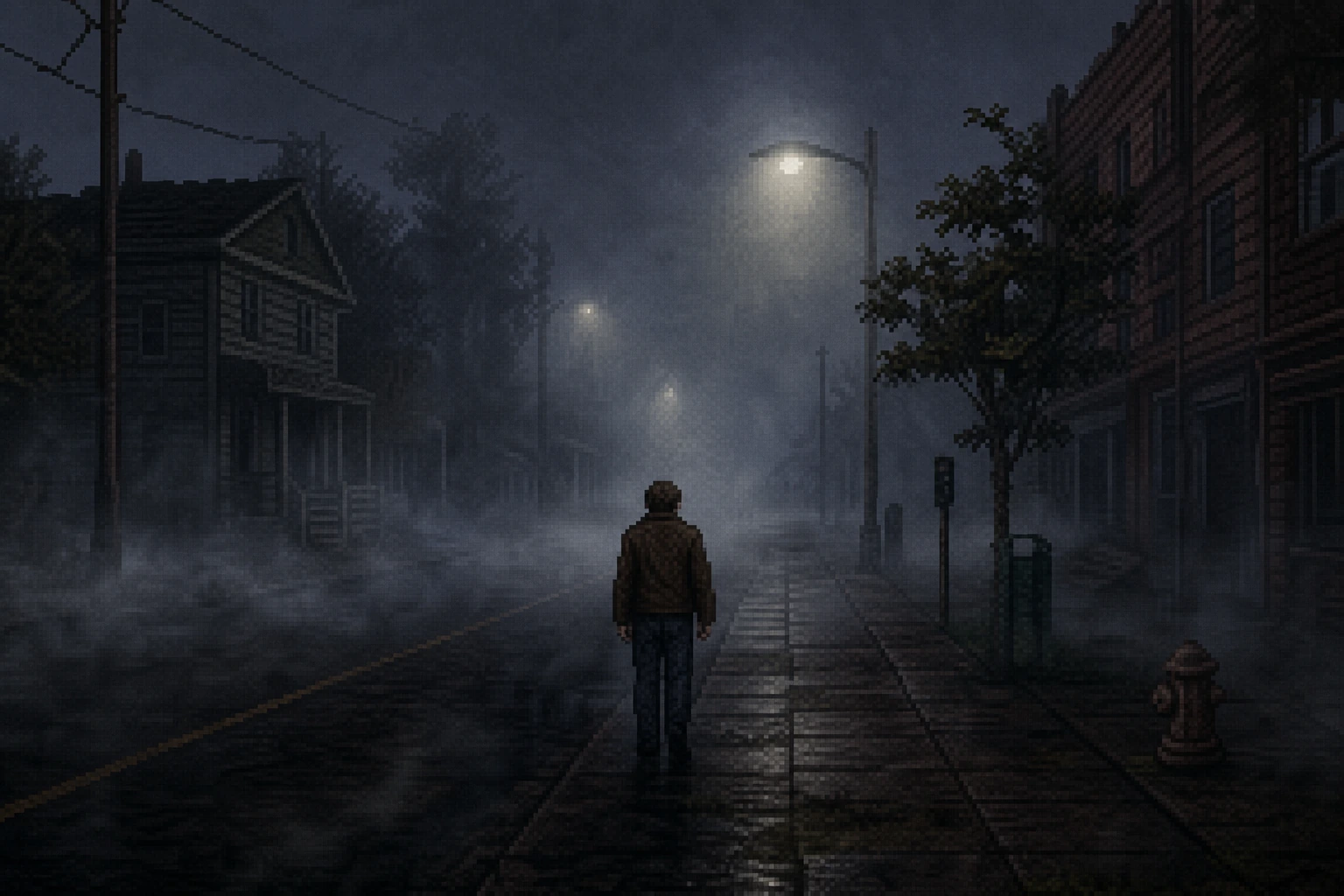 Harry Mason caminhando sozinho pelas ruas envoltas em névoa de Silent Hill em estilo pixel art atmosférico