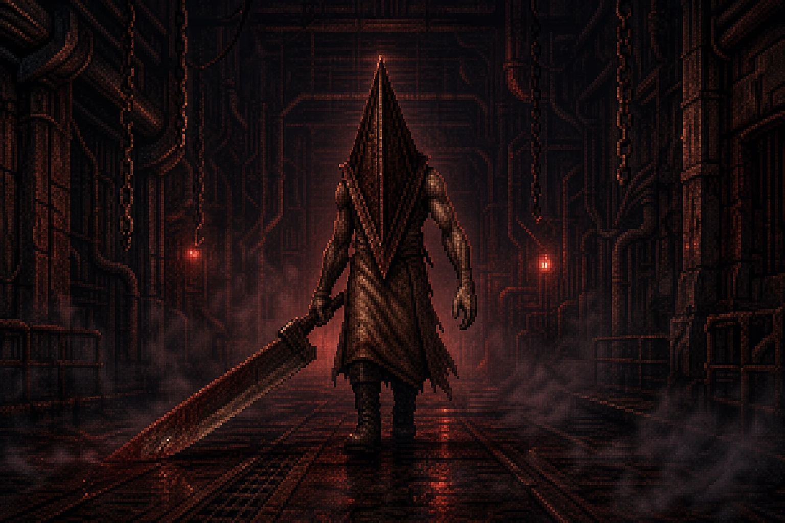 Pyramid Head em corredor industrial do Outro Mundo de Silent Hill 2 com espada arrastando no chão