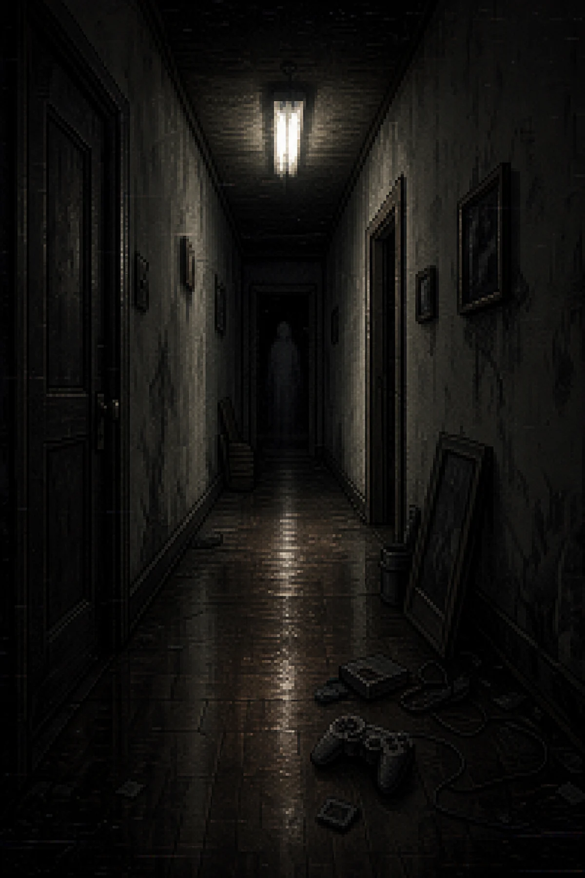 Corredor infinito do P.T. com luz fluorescente e o fantasma de um jogo cancelado