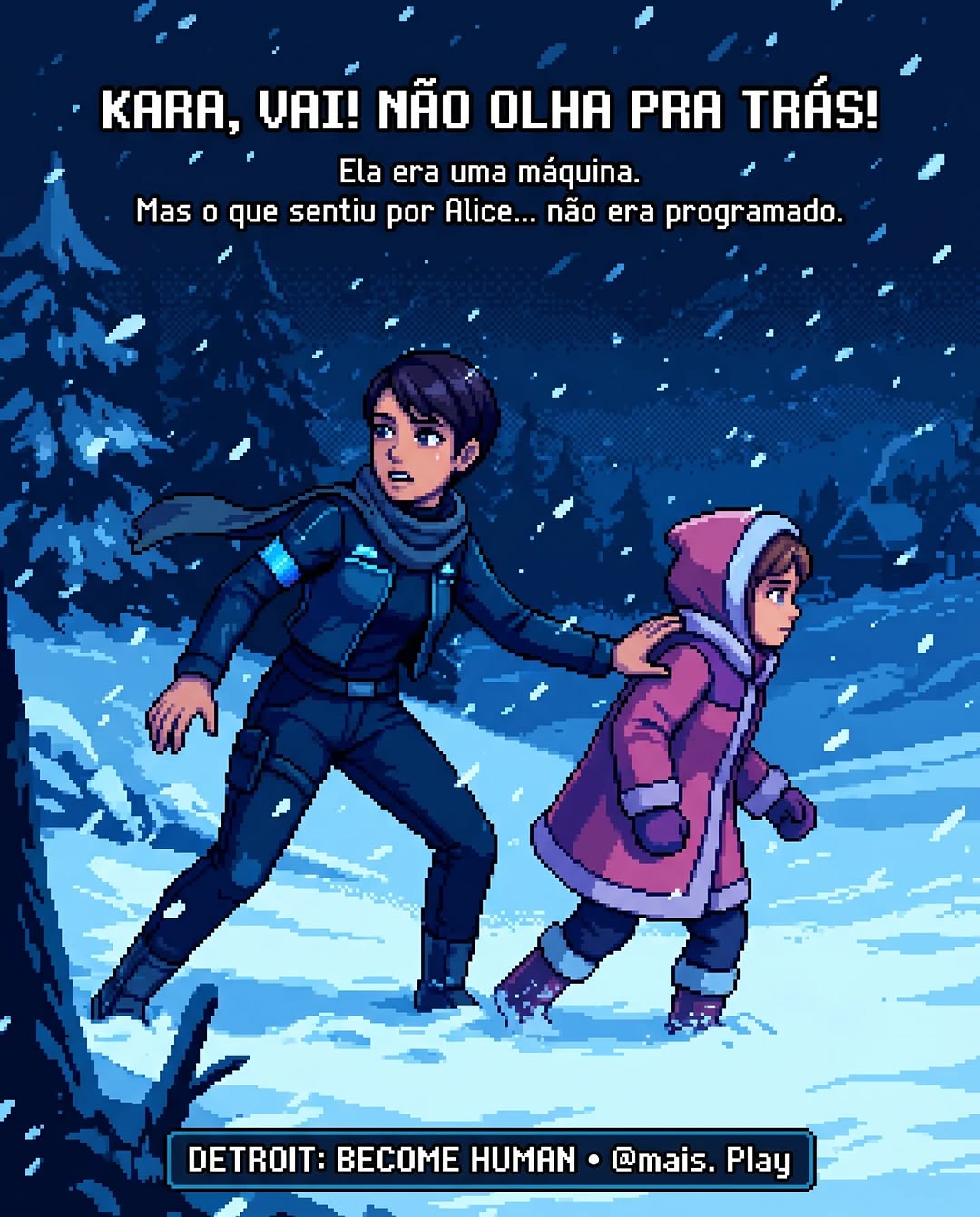 Kara e Alice fugindo em pixel art — Detroit Become Human, amor maternal além da programação nos games