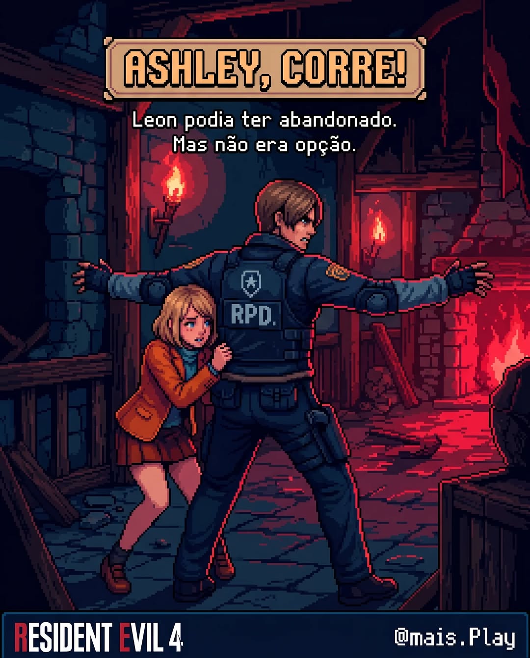 Leon protegendo Ashley em pixel art estilo JRPG — Resident Evil 4, missão que vira proteção paterna