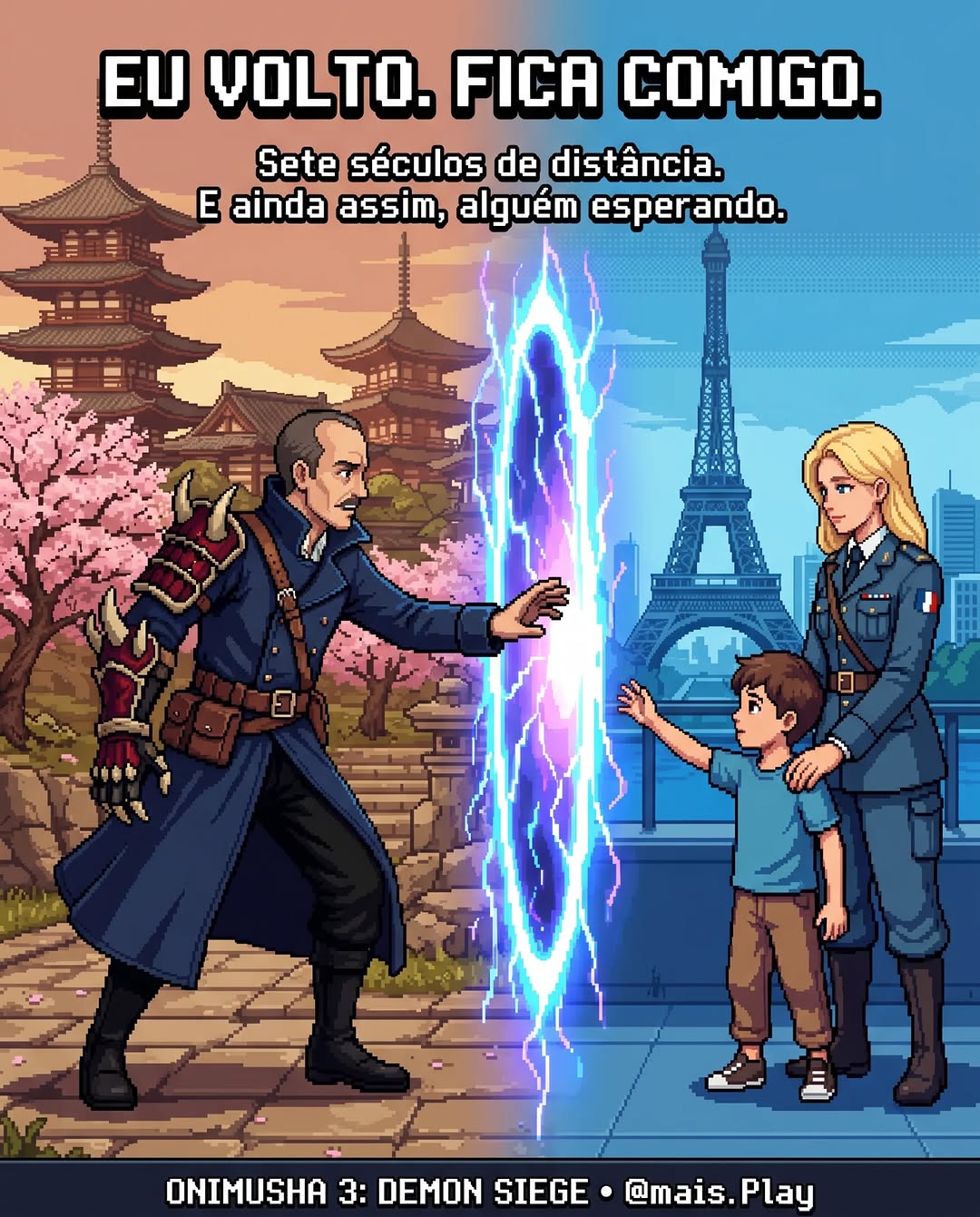 Jacques Blanc separado do filho por portal do tempo em pixel art — Onimusha 3 Demon Siege, amor paternal além do tempo