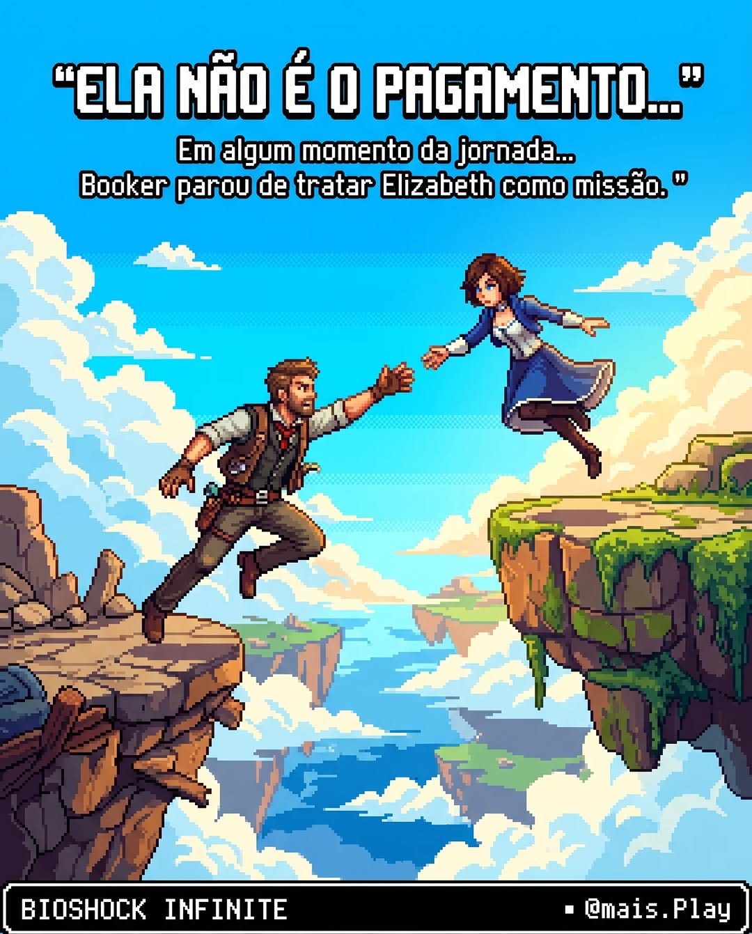 Booker e Elizabeth em pixel art estilo JRPG — BioShock Infinite, missão que vira vínculo paternal nos games
