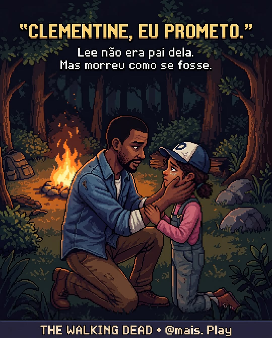 Lee e Clementine em pixel art — The Walking Dead Telltale, proteção e vínculo paternal nos jogos