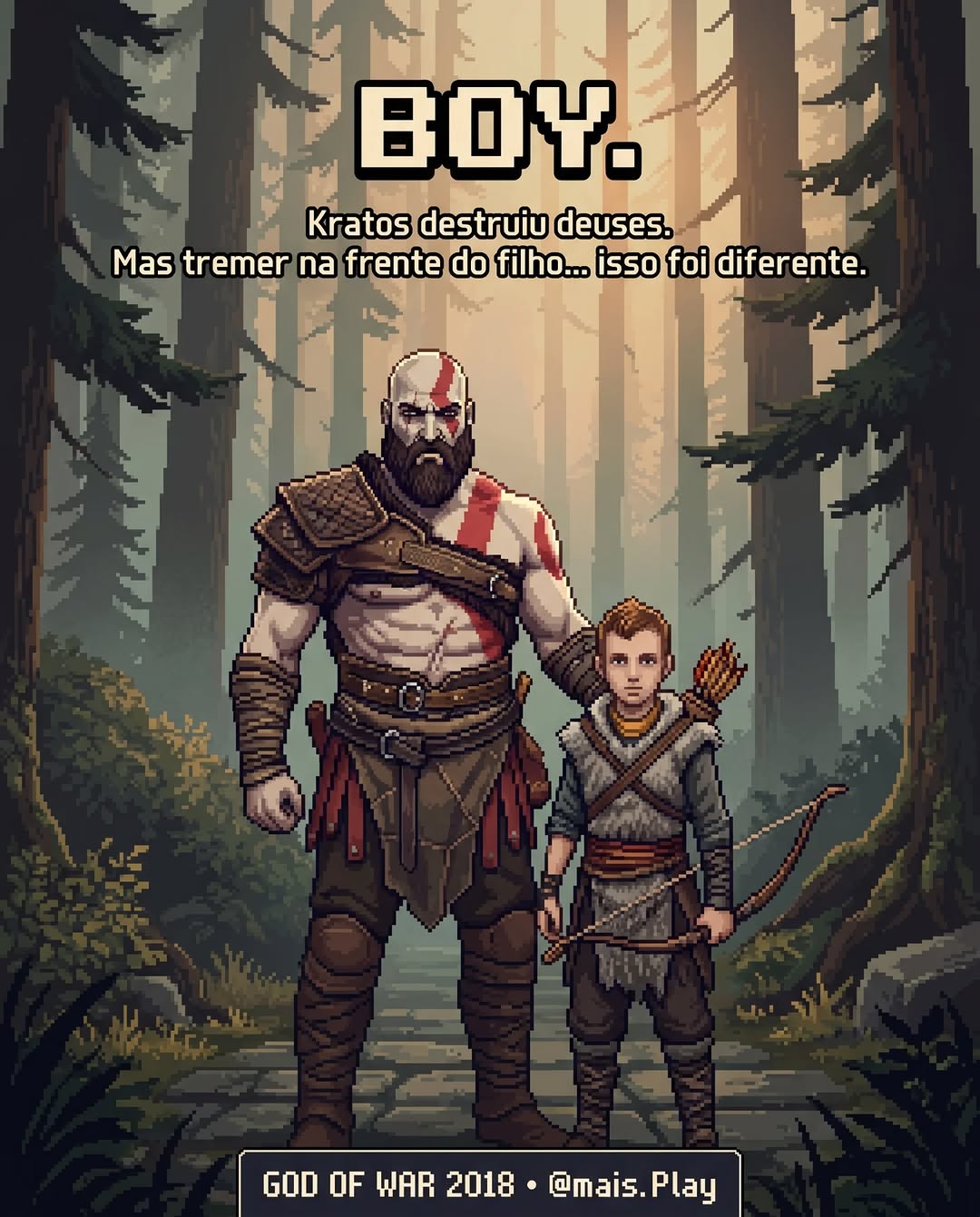 Kratos e Atreus em pixel art estilo JRPG — God of War 2018, relação pai e filho nos videogames