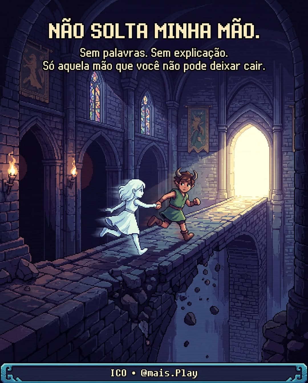 Ico e Yorda correndo de mãos dadas em pixel art — ICO PS2, símbolo de proteção e cuidado nos games